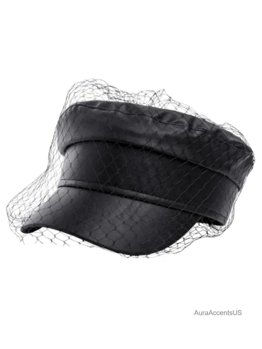 PU Leather Newsboy Cap with Veil Adjustable Fiddler Baker Boy Hat